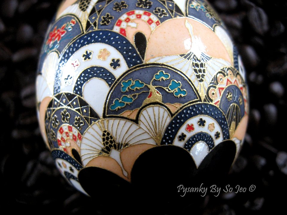 Cranes and Fans ChiyogamiUkrainian Style Easter Egg Pysanky by So Jeo